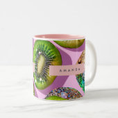 Personalized Vibrant Glitter Kiwi Pop Art Design Tweekleurige Koffiemok (Voorkant rechts)