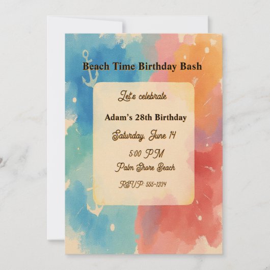 Personalized Vibrant Watercolor Beach Invitation Kaart (Voorkant)
