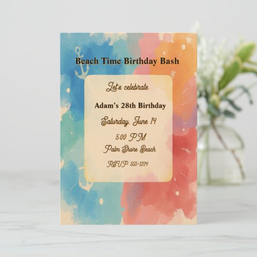 Personalized Vibrant Watercolor Beach Invitation Kaart (Staand voorkant)