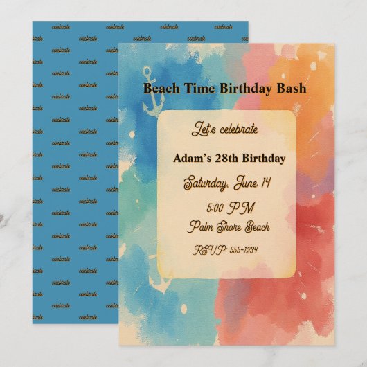 Personalized Vibrant Watercolor Beach Invitation Kaart (Voorkant / Achterkant)