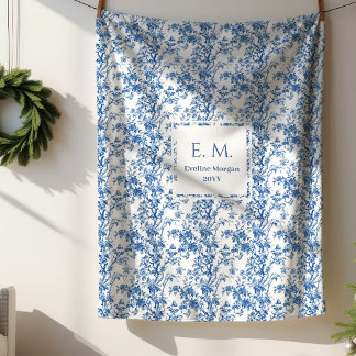 Personalized Vintage Blue Toile Floral Throw Blank
