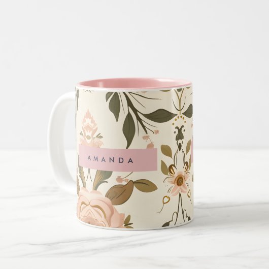 Personalized Vintage Blush Flower Tweekleurige Koffiemok (Voorkant links)