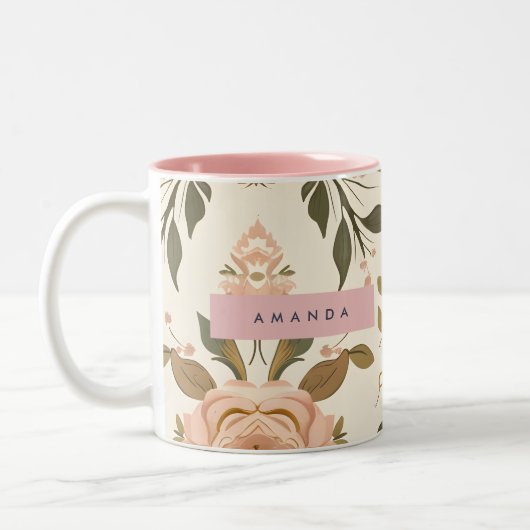 Personalized Vintage Blush Flower  Tweekleurige Koffiemok (Links)