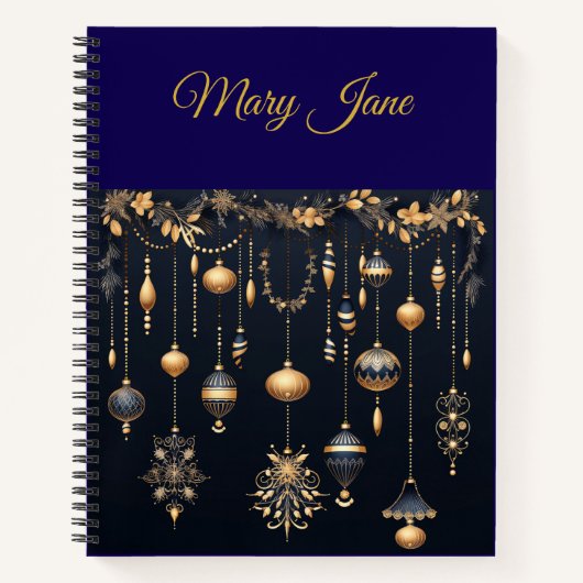 Personalized Vintage Navy Blue and Gold Christmas Notitieboek (Voorkant)
