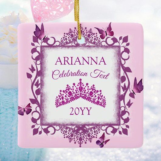 Personalized Violet Tiara & Butterflies Keepsake Keramisch Ornament