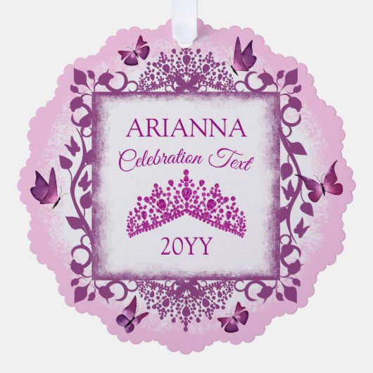 Personalized Violet Tiara & Butterflies Keepsake Ornament Kaart (Voorkant)