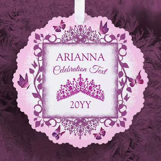 Personalized Violet Tiara & Butterflies Keepsake Ornament Kaart