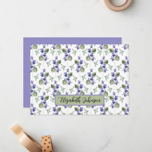Personalized Violets Floral Botanical Note Card Notitiekaartje (Voorkant / Achterkant in situ)