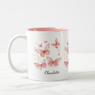 PERSONALIZED Vlindermok, Cute Roze Vlinder Tweekleurige Koffiemok