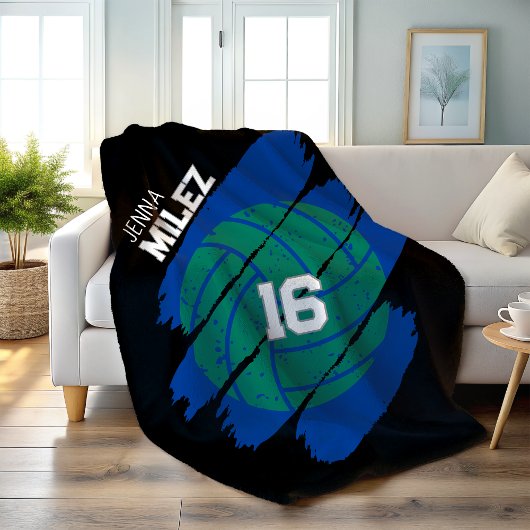 Personalized Volleyball Player Blue and Green Fleece Deken