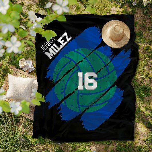 Personalized Volleyball Player Blue and Green Fleece Deken