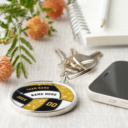 Personalized Volleyball Team Gifts. Black and Gold Sleutelhanger (Zijkant)