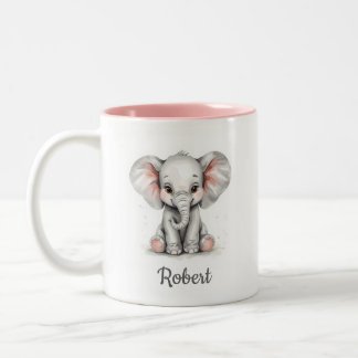 Personalized Watercolor Baby Elephant Mug. Tweekleurige Koffiemok