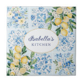 Personalized Watercolor Blue Italian Lemon Floral Tegeltje (Voorkant)