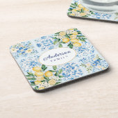 Personalized Watercolor Blue Italian Tile Lemon Bier Onderzetter (Linkerzijde)