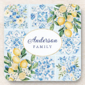Personalized Watercolor Blue Italian Tile Lemon Bier Onderzetter (Voorkant)