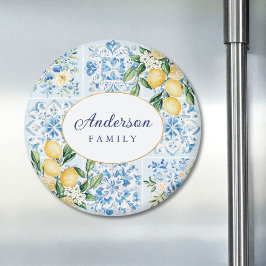 Personalized Watercolor Blue Italian Tile Lemon Magneet