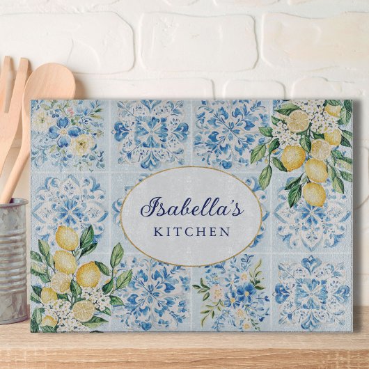 Personalized Watercolor Blue Italian Tile Lemon Snijplank