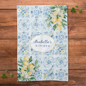 Personalized Watercolor Blue Italian Tile Lemon  Theedoek