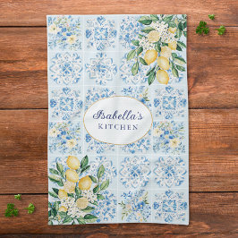 Personalized Watercolor Blue Italian Tile Lemon Theedoek