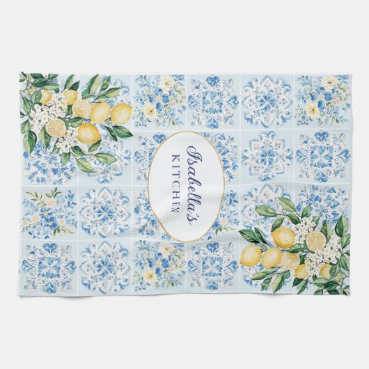 Personalized Watercolor Blue Italian Tile Lemon  Theedoek (Horizontaal)