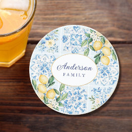 Personalized Watercolor Blue Italian Tile Lemon Zandsteen Onderzetter
