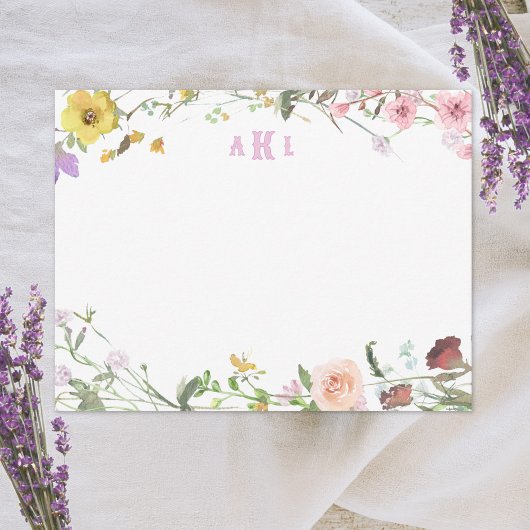 Personalized Watercolor Floral Monogram Stationery Notitiekaartje