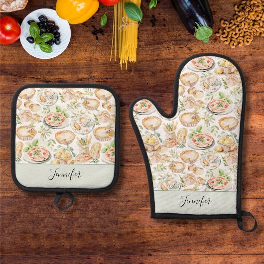 Personalized Watercolor Mediterranean Food Pattern Ovenwant & Pannenlap Set