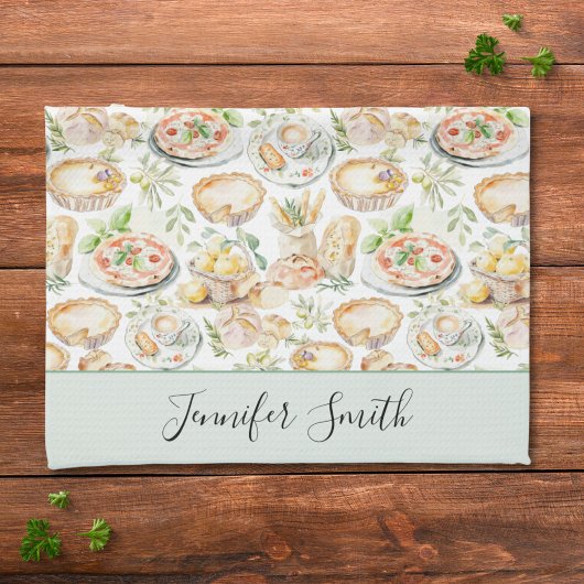 Personalized Watercolor Mediterranean Food Pattern Theedoek