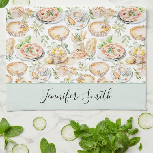 Personalized Watercolor Mediterranean Food Pattern Theedoek (Gevouwen)