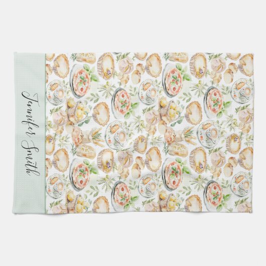 Personalized Watercolor Mediterranean Food Pattern Theedoek (Horizontaal)