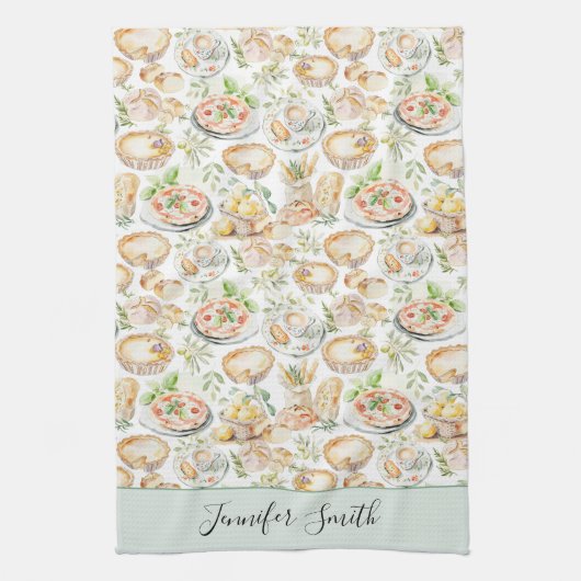 Personalized Watercolor Mediterranean Food Pattern Theedoek (Verticaal)