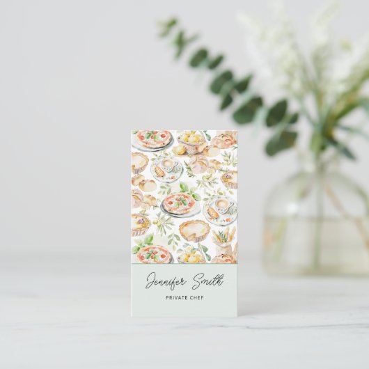 Personalized Watercolor Mediterranean Food Pattern Visitekaartje (Staand voorkant)