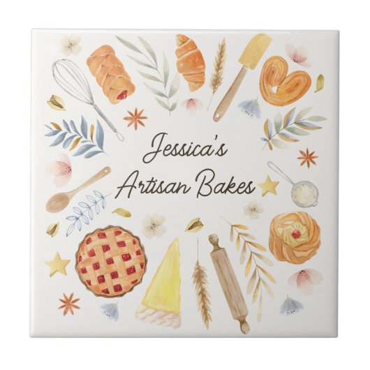 Personalized Watercolor Pastry Baking Bakery Tegeltje (Voorkant)