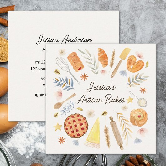 Personalized Watercolor Pastry Baking Bakery Vierkante Visitekaartje