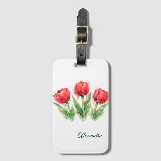 Personalized Watercolor Red Tulips Bagagelabel (Voorkant (verticaal))