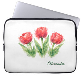 Personalized Watercolor Red Tulips  Laptop Sleeve