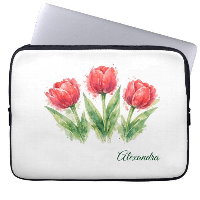 Personalized Watercolor Red Tulips  Laptop Sleeve (Voorkant)