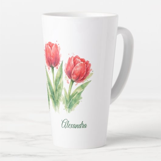 Personalized Watercolor Red Tulips  Latte Mok (Rechterhoek)