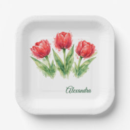 Personalized Watercolor Red Tulips  Papieren Bordje