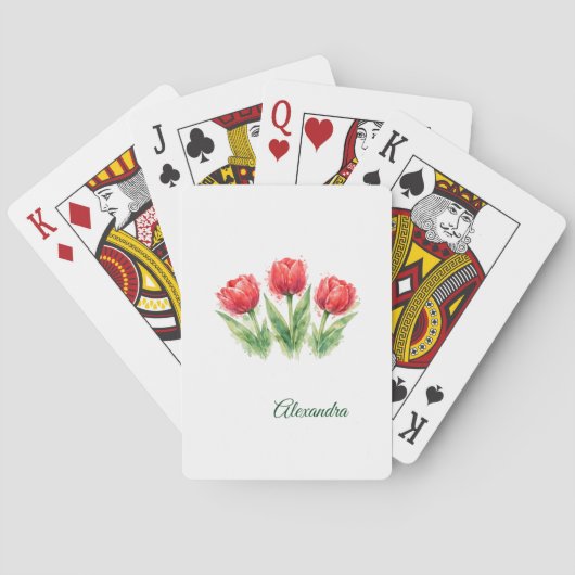 Personalized Watercolor Red Tulips  Pokerkaarten (Achterkant)