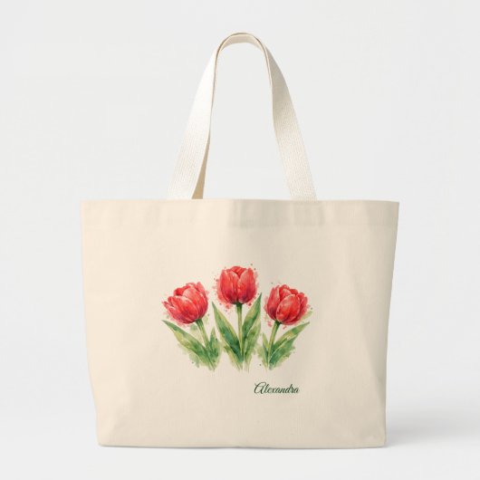 Personalized Watercolor Red Tulips Tote Bag (Voorkant)