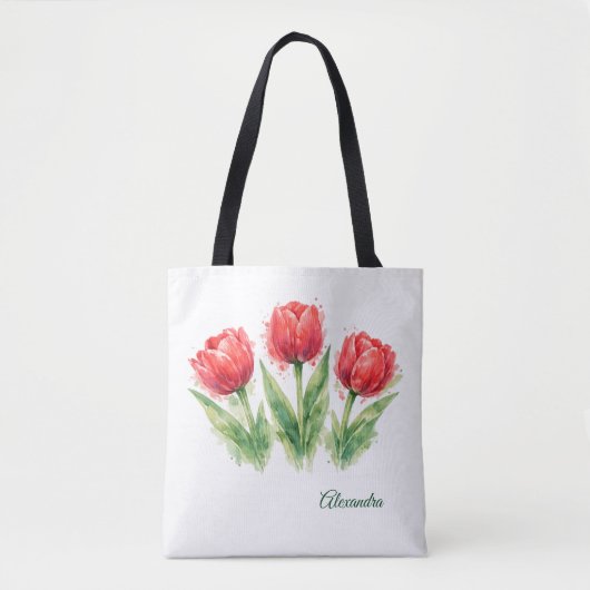 Personalized Watercolor Red Tulips Tote Bag (Voorkant)