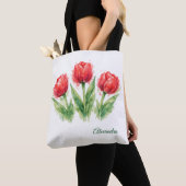Personalized Watercolor Red Tulips Tote Bag (Dichtbij)