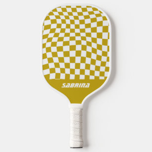 Personalized Wavy Checker   Golden en White Pickleball Paddle