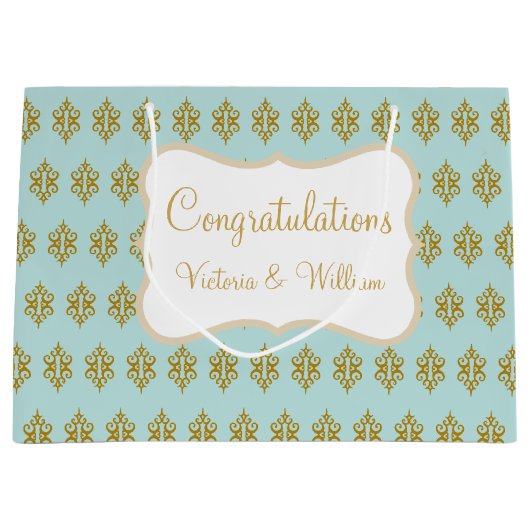 Personalized Wedding Aqua Lace Gift Bag Groot Cadeauzakje (Voorkant)