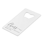 Personalized Wedding Gifts Black White Cheers Creditkaart Flessenopener (Achterkant Gekanteld)