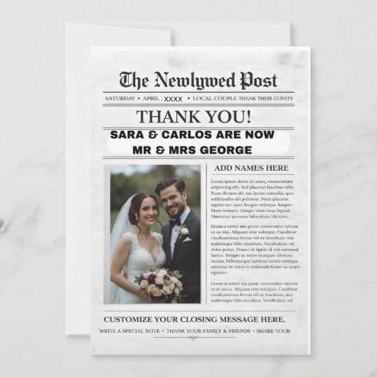 Personalized Wedding Newspaper Poster | Newlywed Kaart (Voorkant)