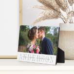 Personalized Wedding Photo Fotoplaat<br><div class="desc">Elegant wedding photo plaque features your favorite horizontal or landscape oriented wedding photo. Your surname or family name appears beneath in chic grey with your names and wedding date overlaid on a transparent white band.</div>