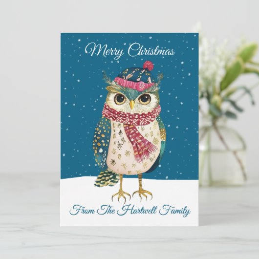 Personalized Whimsical Folk Art Style Owl Feestdagenkaart (Staand voorkant)